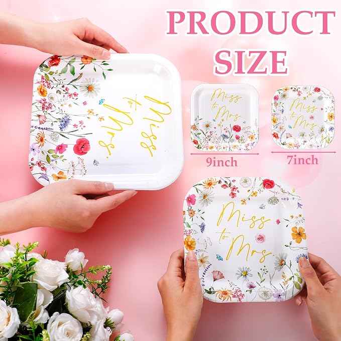Umigy 100 Pcs Paper Plates Flower Dinner 9'' Floral Disposable Paper Plates 7'' Square Dessert Set for Dinner Birthday Wedding Baby Shower Party Tableware(Pink and Gold,Miss to Mrs)