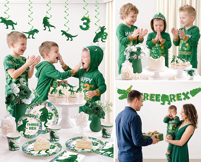 Xynic 209Pcs Three Rex Birthday Decorations Boy, All-in-One Party Supplies Includes Banner, Candle, Balloons, Plates and Napkins, Easy Setup Dinosaur 3rd Birthday, Serves 25