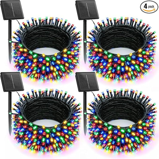 Brightown Solar Christmas Lights Outdoor, 4 Pack Total 184FT 480 LED Solar String Lights Outdoor Waterproof Green Wire with 8 Modes, Solar Fairy Light for Garden Yard Patio Party Decors, Multicolor