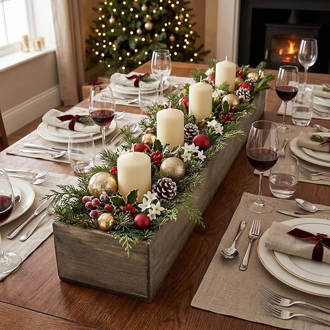 Dandat 1 Set Wood Boxes for Centerpieces 34x5 Inch Rectangle Wooden Planter Box Rustic Wooden Planters with Removable Plastic Liner Floral Foam Blocks for Christmas Wedding Home Garden Decor(Brown)
