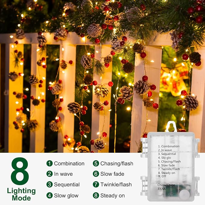 Minetom Christmas Pine Lighted Garland Decor, 9.8 Ft 60 LED with 8 Modes | Red Berry Pine Cone Battery Operated Christmas Garland Lights, Remote Control for Mantle Fireplace Stairs Xmas Indoor Decor