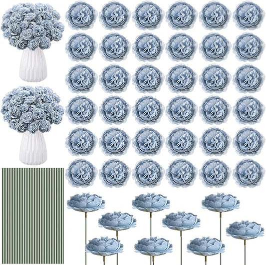 Thiccywoov 200 Pcs Flowers Long Stem Artificial Rose Bulk, 3.2 Inches Silk Rose Head Flowers Faux for Wedding Bridal Bouquet Independence Day Home Floral DIY Centerpieces Party Decoration(Dusty Blue)