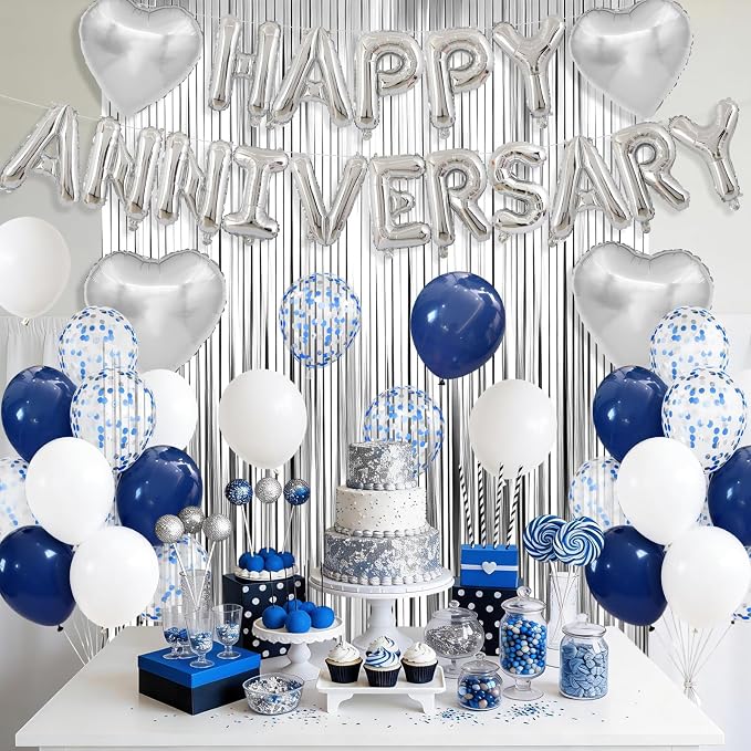 Anniversary Decorations Navy Blue Silver,Happy Anniversary Balloon Banner with Heart Foil Balloons Fringe Curtain for Wedding Party Valentine's Day Romantic Night Surprise