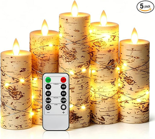 Da by 5 Pack Birch Bark Real Wax Flameless Taper Candles, Lifelike Flickering LED Candles with Copper String Lights, Battery Operated Candles with Remote for Farmhouse Wedding Home Decor