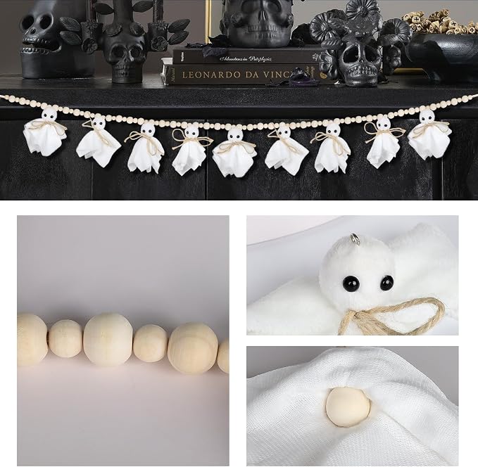 8.5Ft Halloween Ghost Garland with Wooden Beads, Handmade Ghost Banner for Spooky & Cozy Home, Indoor Halloween Decor for Fireplace, Doorways & Outdoor Party