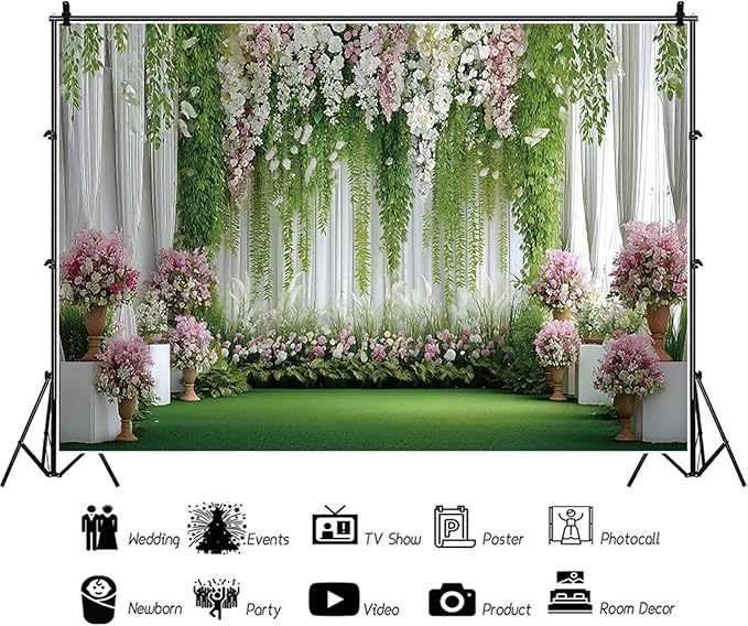 Baocicco Flowers Wedding Backdrops 12x10ft Green White Pink Floral Engagement Background Bridal Shower Backdrop Proposal Wedding Party Decoration Backdrop Valentines Day Banner Supplies
