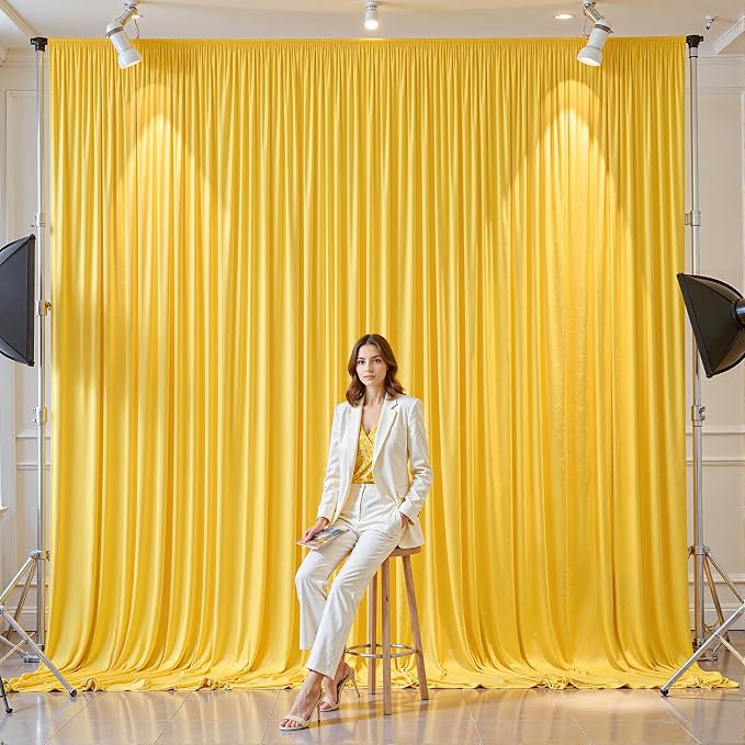 8 Panels Yellow Backdrop Curtains - Wrinkle Free Fabric Backdrop Curtain for Photoshoot, 10FT Wedding Party Photo Backdrop Drapes for Birthday Baby Shower Photography Stage Background Decorations