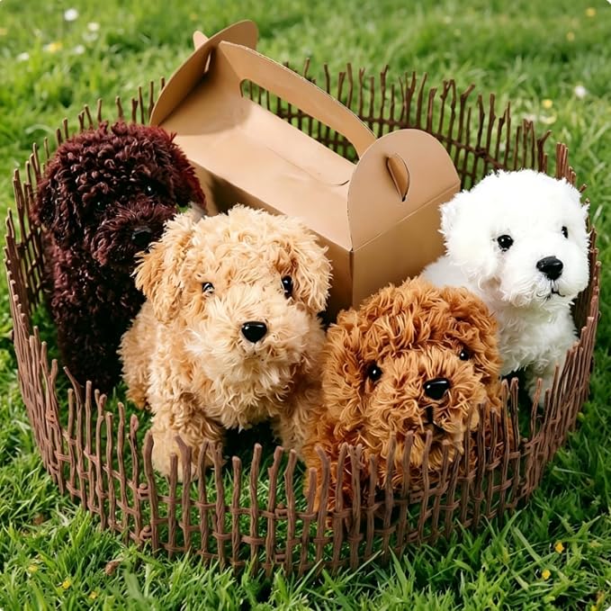 Adopt A Puppy Party Favors Mini Plush Stuffed Animals Set with 12 Plush Puppy Mini Fence Blackboard Kraft Paper Box for Adopt An Animal Themed Birthday Party