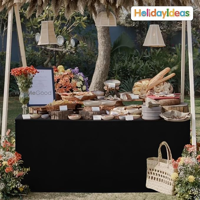 HolidayIdeas 6-Pack 8ft Black Rectangle Craft Shows Fitted Tablecloth | Wrinkle resistant table covers; bulk quantity pack for professional trade exhibition displays or vendor booths