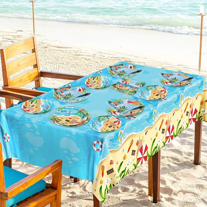 QZYL 122PCS Summer Plates and Napkins, Disposable 9" and 7" Beach Paper Plates Summer Party Decorations, Seaside Plates, Napkins, Forks, Tablecloths Serves 30, Birthday Picnic Beach Party Decorations
