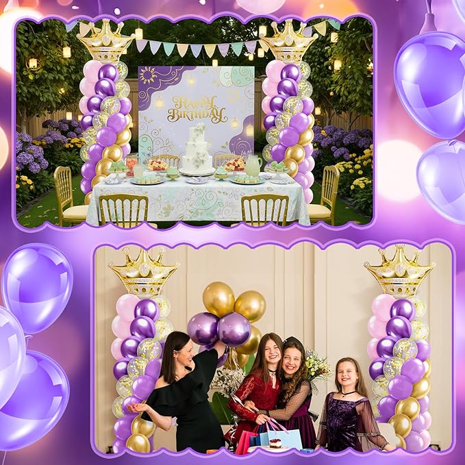 2 Sets Princess Balloon Column Stand Kit with Crown Exploding Star Foil Balloon Purple and Gold Balloons Arch Garland for Princess Birthday Wedding Baby Shower Decorations Party Supplies