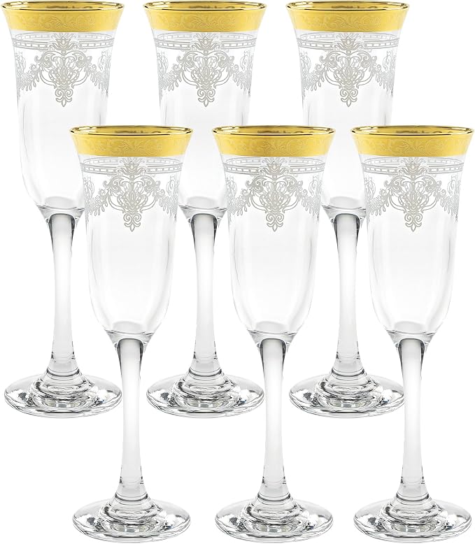 Lorren Home Trends Flutes Set of 6 Stencil Pattern and Gold Band, One Size, Clear