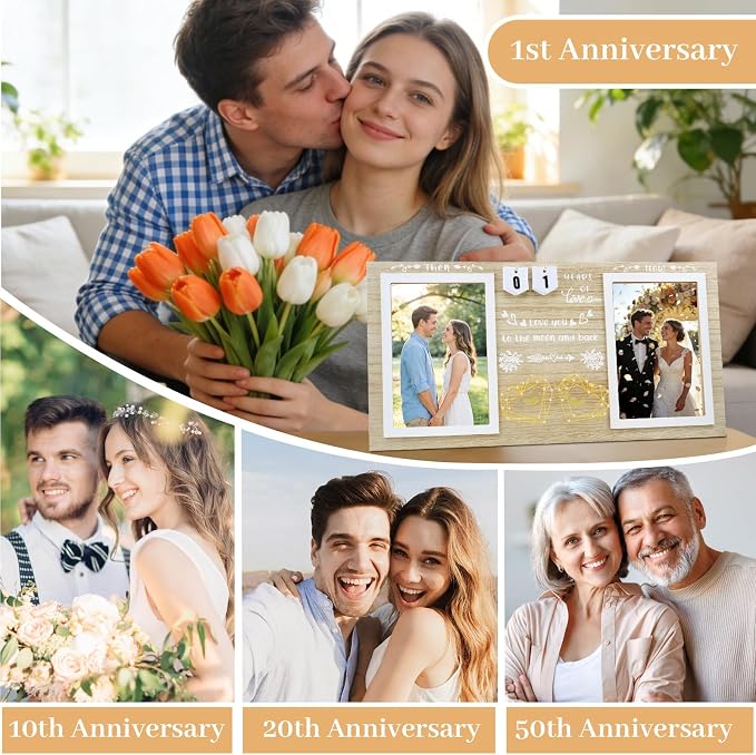 Then & Now Anniversary Picture Frame – Anniversary Wedding Gift for Couple & Parents, 1–99 Years Double 4x6 Picture Frame with Number Cards & Greeting Card (Natural Wood Color)