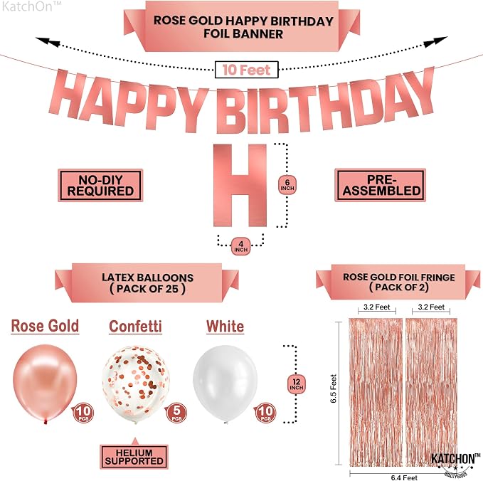 KatchOn, Rose Gold Birthday Decorations Set - Pack of 47 | Banner, Balloons, Pompoms, Headband, Sash & Fringe Curtains | Birthday Decorations for Women Girls | Girls Birthday Party Decorations