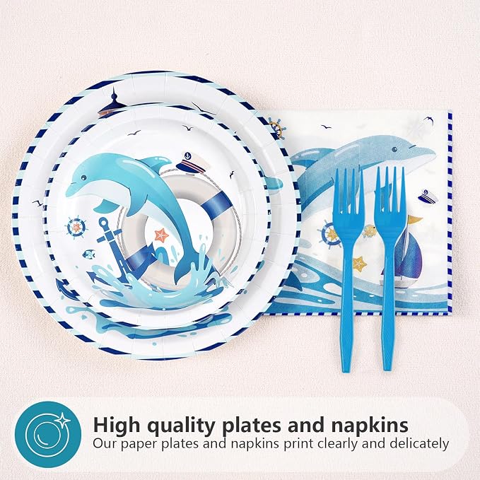 96Pcs Dolphin Party Supplies Funny Ocean Dolphin Nautical Plates and Napkins Disposable Cute Under the Sea Animal Tableware Set for Kids Nautical Baby Shower Birthday Party Decorations Serves 24