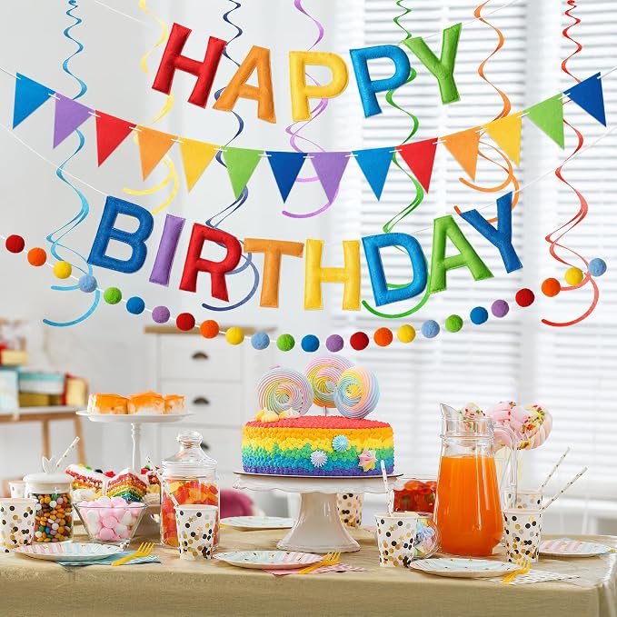 Kriyokiaa Pre-Strung Felt Happy Birthday Banner Colorful Rainbow Happy Birthday Party Decorations with Pom Pom Garland, Flag and Hanging Swrils for Women Men Boys Girls Party Decor