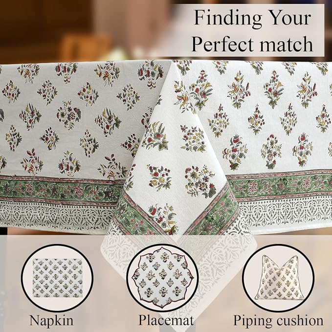 CPC Block Print Tablecloth Fall Green 60"x60" Square 100% Cotton Reusable Table Cover, Everyday Decorative Table Cloth Use for Dining, Farmhouse, Home Gift for Spring, Mother's Day