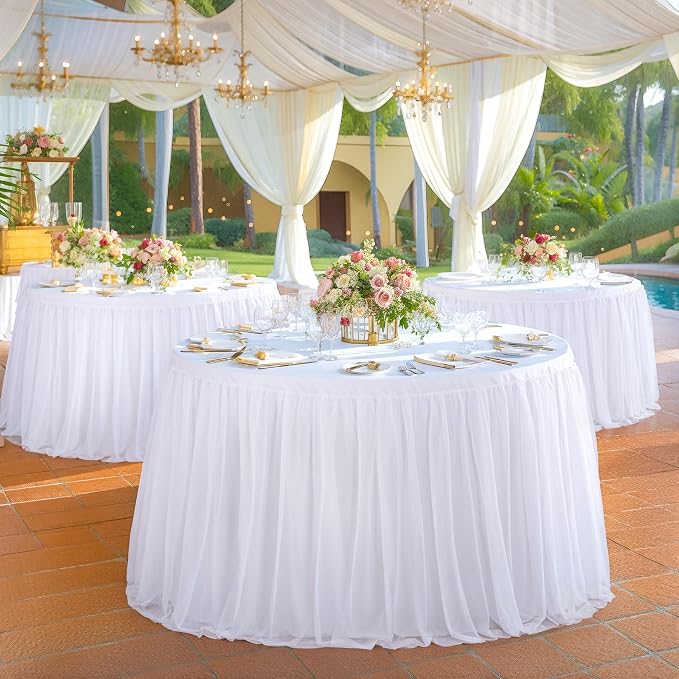 White Round Tablecloth 60 inch Stretchy Elastic Fitted Round Table Cloth Round Cover 120 inch, White Round Tulle Table Cloth with Skirt Wedding Birthday Party Cake Banquet Table Decoration