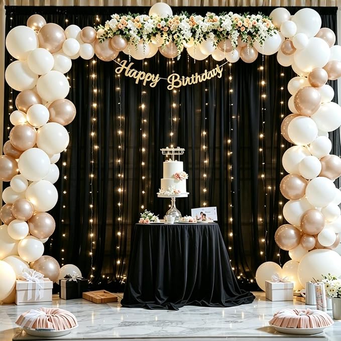 20 x 10ft Black Chiffon Backdrop Curtain with Lights String for Parties,4 Panels Sheer Tulle Curtain Wedding Backdrop for Baby Shower Birthday Party Ceremony Reception Home Decorations