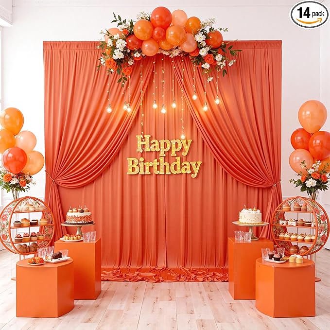 20ftx10ft Wrinkle Free Orange Backdrop Curtains for Parties, Silky Polyester Photo Backdrop Drapes 4 Panels 5x10ft Back Drop Cloth for Wedding Birthday Baby Shower Photography Background