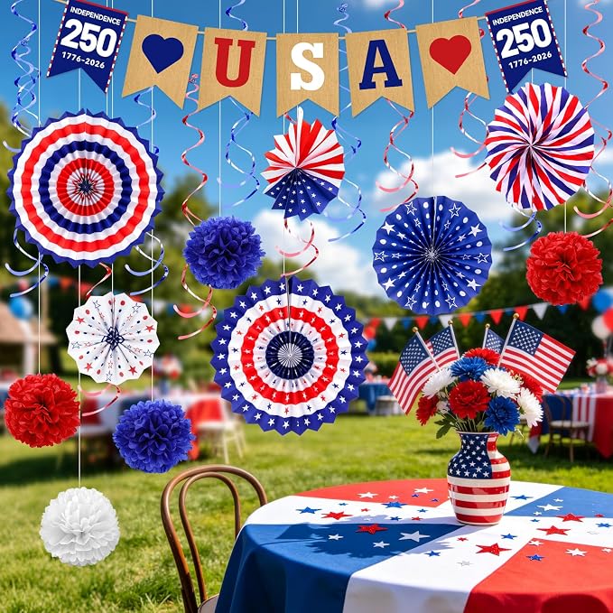 34PCS 4th/Fourth of July USA 250th Anniversary Decorations Set, Red White Blue Patriotic Decorations, Love USA Banner American Flag Pom Poms Decor for Memorial Day Independence Day