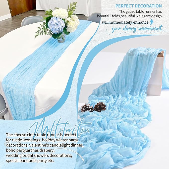 4 Pack Cheesecloth Table Runner 10FT Baby Blue Table Runner Light Blue Boho Gauze Cheese Cloth Table Runners Long Rustic Sheer Table Decorations for Wedding Party Baby Bridal Shower Birthday Holiday
