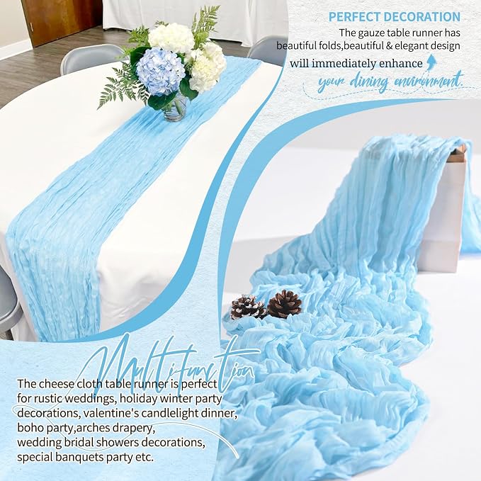 10 Pack Baby Blue Cheesecloth Table Runner 10FT Light Blue Boho Gauze Cheese Cloth Table Runners Romantic Rustic Sheer Table Decorations for Wedding Party Baby Shower Birthday Holiday Home