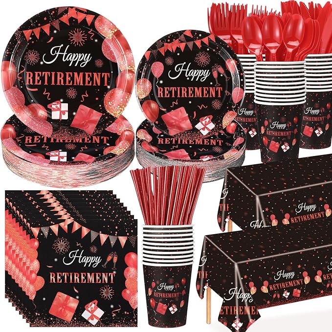 Funnymoom 452 Pcs Retirement Party Decorations Supplies Set Include Red Black Retirement Paper Plates Napkins Cups Tablecloth Cutlery Straws for Men Women Say Goodbye Party