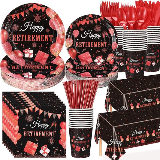 Funnymoom 452 Pcs Retirement Party Decorations Supplies Set Include Red Black Retirement Paper Plates Napkins Cups Tablecloth Cutlery Straws for Men Women Say Goodbye Party