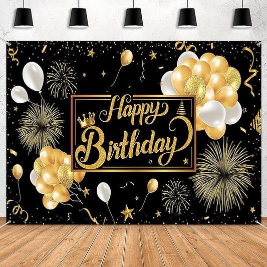 Black and Gold Happy Birthday Party Decoration Backdrop - 8x6ft Golden Balloons Glitter Birthday Backdrop for Women Men Photo Background Banner Extra Large Wall Decor