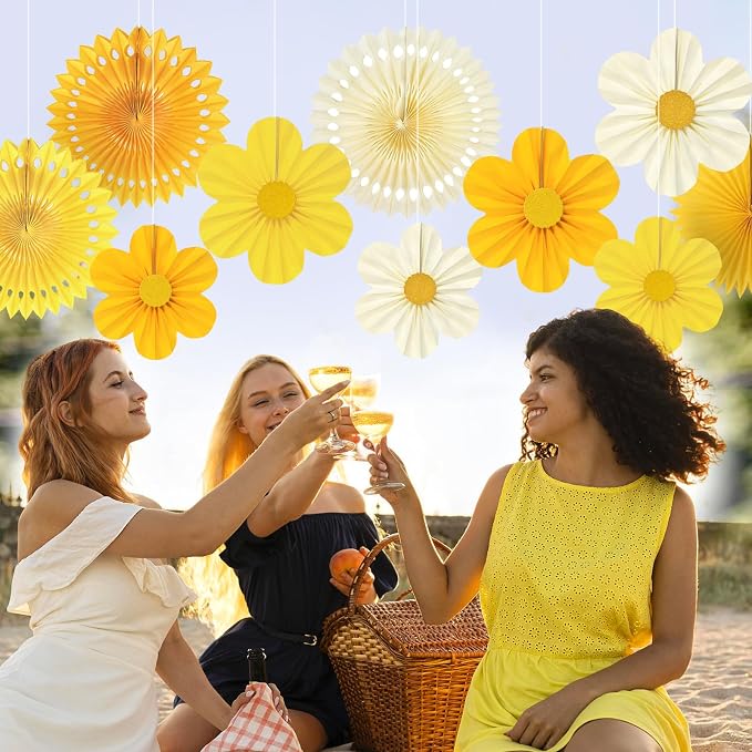 Yellow Party Decorations, 12PCS Paper Fans Flower Wall Backdrop for Sunflower Theme Birthday, Summer Lemon Party, Weddings, Baby Showers, Nursery Classroom Ceiling Supplies