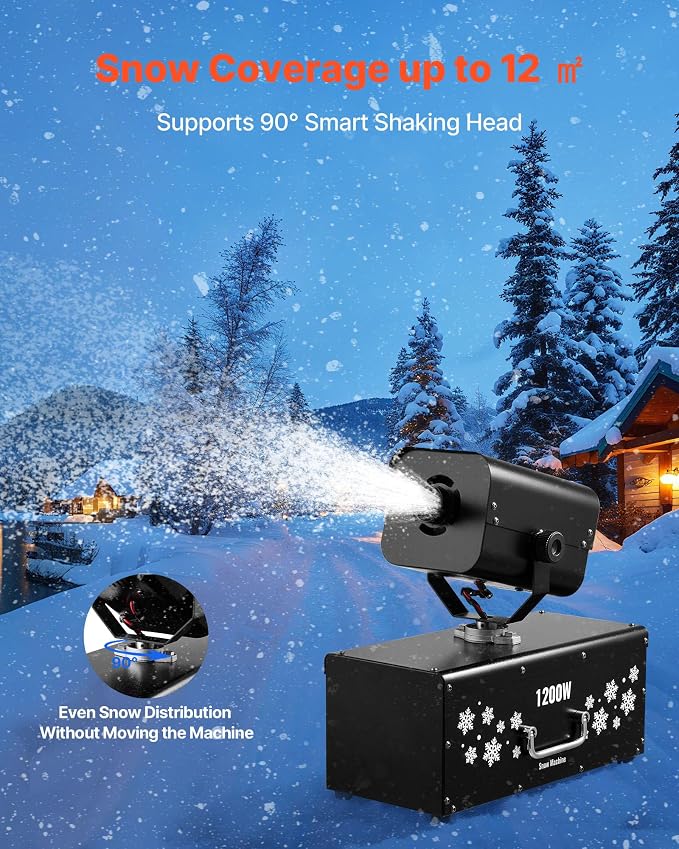 VEVOR Snow Machine, 1200W Powerful Fake Snow Maker with 90° Shaking Head, Wireless Remote Control, High Output Snowmaking Machine Coverage up to 12 ㎡ for Parade Christmas Wedding Party Stage Effect