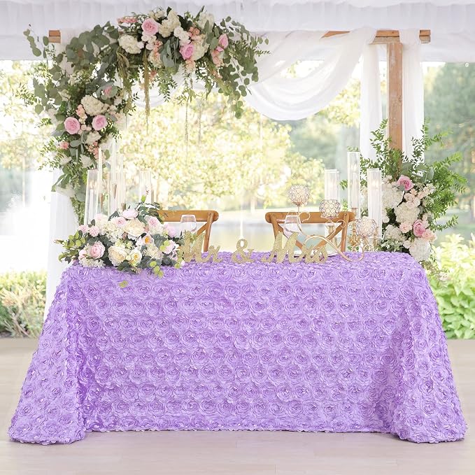 Fanqisi Lavender Tablecloth 50x80 Inches Rosette Satin Tablecloth 3D Rosette Rectangle Table Cover Wedding Banquet Party Baby Shower Decor Table Cloth