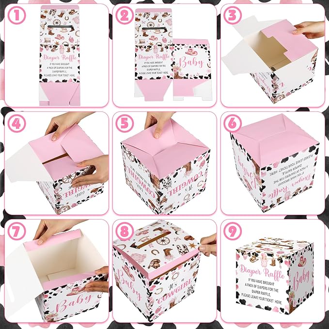 Teling 51 Pieces Diaper Raffle Tickets with Card Box Baby Shower Decorations Gender Reveal Holder Box for Girl Boy Diaper Raffle Party (A Little Cowgirl is on the Way)