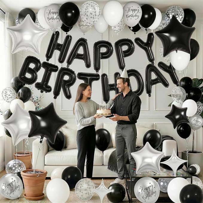 Black and Silver Birthday Decorations for White Black Silver Metallic Print Party Balloons Confetti Balloon Happy Birthday Banner 18/10 Inch Heart Balloons Star Balloon for Men Bday Party Supplies