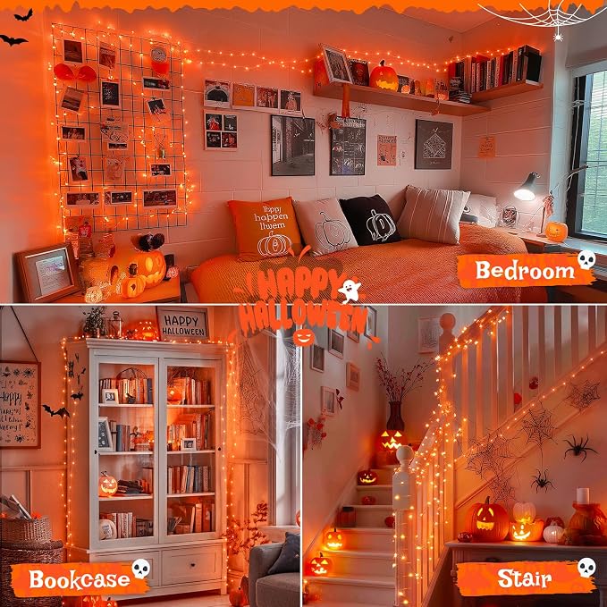 JMEXSUSS 2 Pack Halloween Fairy Lights Battery Operated, Total 400 LED 132ft Orange Twinkle Fairy Light with Remote, 8 Modes Orange String Lights for Halloween Tree Bedroom Wreath Decoration