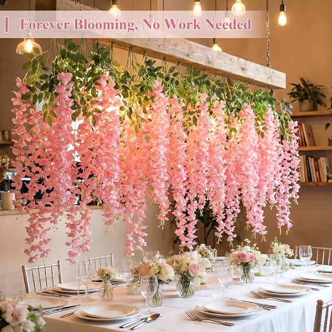 U'Artlines 24 Pack (Total 86.4 Feet) Artificial Fake Wisteria Vine Rattan Hanging Garland Silk Flowers String Home Party Wedding Decor (24, Fuchsia)