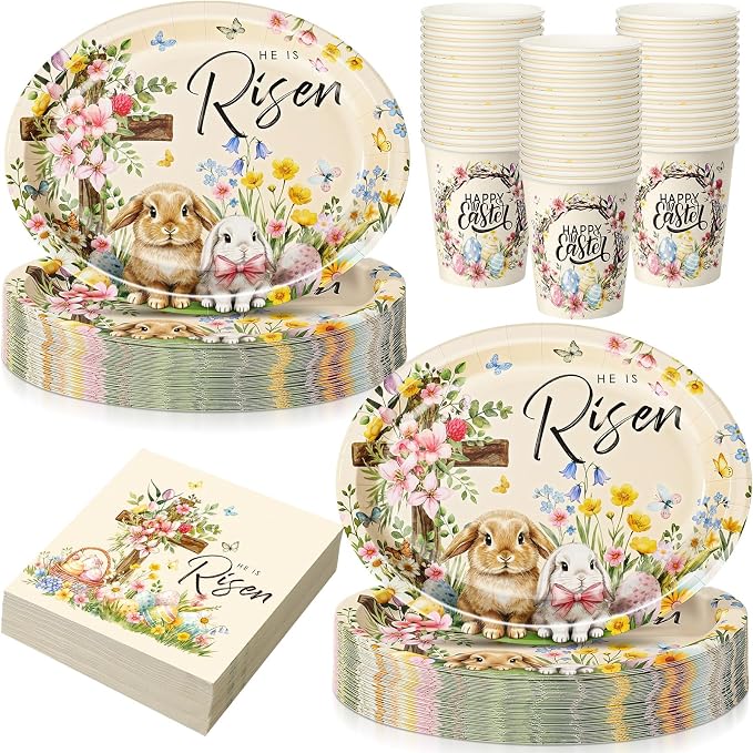 Vesici 150 Pcs Easter Cross Paper Plates and Napkins Set-serves 50, 10'' x 12'' Large Bunny Flower Tableware Disposable Primary Cross Paper Plates Cups Napkin for Spring Easter Birthday Party Supplies