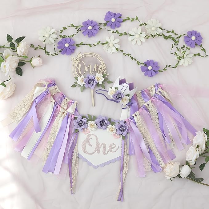 JUIIZAY First Birthday Decorations for Girl Purple High Chair Banner One Flower Cake Topper Floral Hat Wildflower Garland 1st Birthday Decoration Supplies