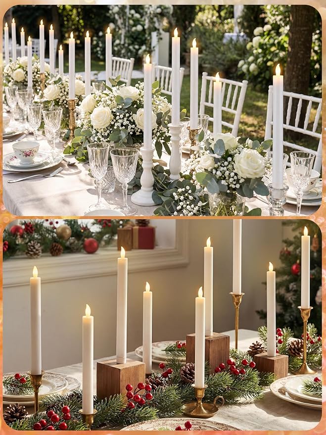 Funtery 48 Pcs Flameless LED Taper Candles Battery Operated Candles Bulk Realistic LED Candlesticks Flickering for Wedding Church Party Home Decor(White,10 Inch,Modern Style)