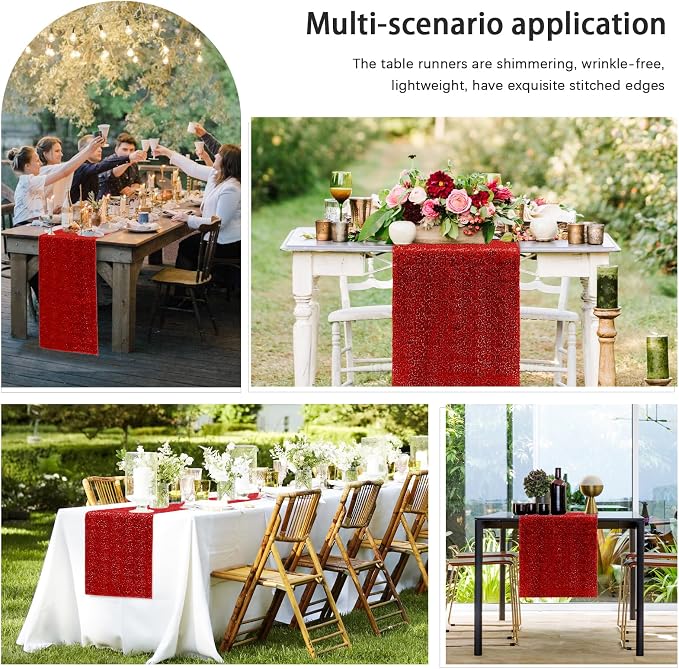 6 Packs 12 x 72 inches Sequin Table Runner, Red Glitter Table Runner for Birthday Party Supplies Wedding Engagement Baby Shower Holiday Celebration Event Decorations