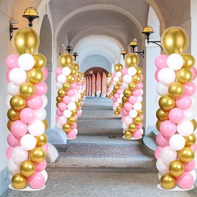 2 Sets Pink White Gold Balloon Column Stand Kit with 100 Balloons Adjustable Balloon Tower Stand with Bases for Floor Column Kit for Wedding Graduation Birthday Appreciation Party Decor