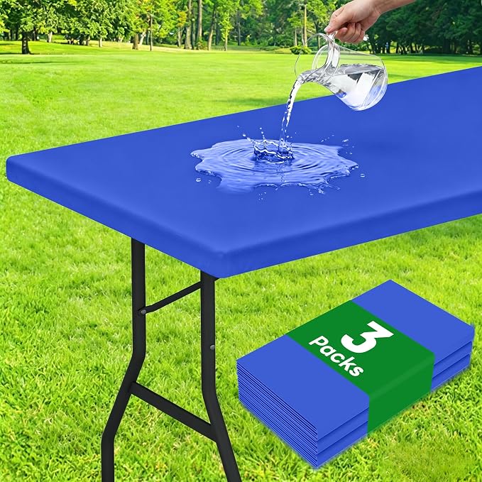 Smiry 3 Pack Rectangle Table Cloth, Elastic Fitted Flannel Backed Vinyl Tablecloths for 5ft Folding Tables, Waterproof Wipeable Table Covers for Indoor, Outdoor, Camping and Picnic (Blue, 30"x60")