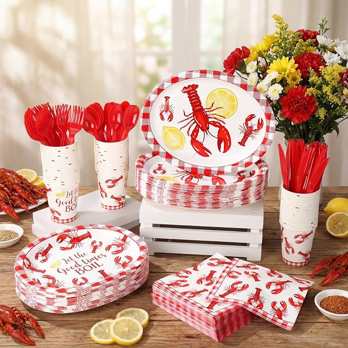 Pajean 350 Pcs Crawfish Boil Party Decorations 12 in Disposable Oval Plates and Napkins Let The Good Times Boil Heavy Duty Paper Tableware Set for 50 Guests Lobster Seafood Picnic BBQ Party Supplies