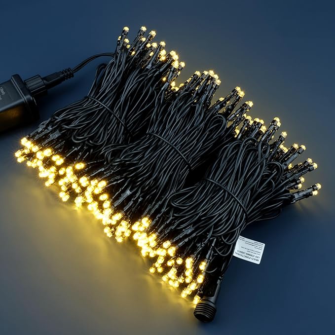 YULETIME 300 Warm White String Lights, 100 ft 8 Models Black Wire 5mm LED | Wide Angle Bulbs, Safe 29V Adapter, Multimode Lighting, Connectable, 100' Total Length, 1-Strand 300 Lights, 4" Spacing