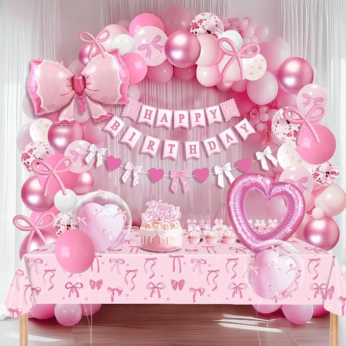 154 pcs Coquette Birthday Decorations,Pink Bow Decorations for Women,Happy Birthday Banner For Girl,Pink and White Balloon Arch Kit with Tablecloth Backdrop Cake Topper