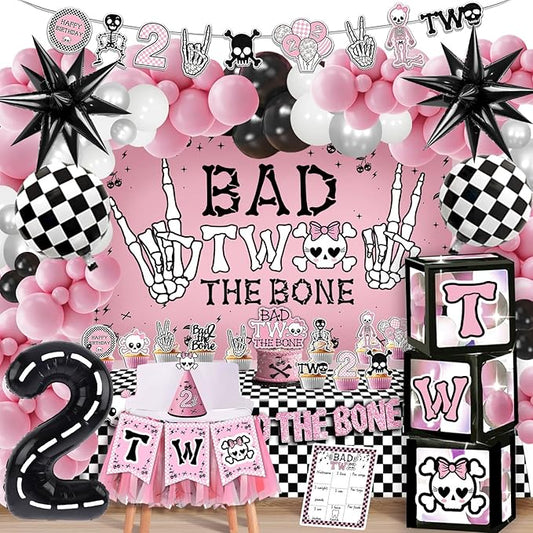 Bad Two The Bone Birthday Decorations for Girl, Rock And Roll 2nd Birthday Decorations with Balloon Box Tablecloth Backdrop Banners Balloons Cake Cupcake Toppers for 2 Year Old Girl