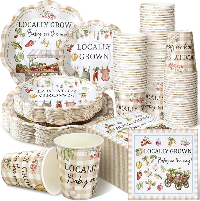 Newtay 250 Pcs Locally Grown Baby Shower Disposable Plates and Napkins Farmers Market Disposable Tableware Set for 50 Guests Vegetable Theme Paper Plates Napkins for Birthday Baby Shower Supplies
