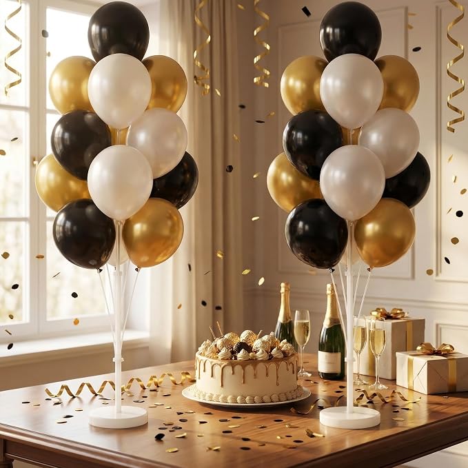 Balloon Column Kit Set of 2 With Balloons Included - Balloon Tower with Stand, Base, and Pole,Backdrop Decoration for Wedding, Baby Shower, Birthday Party, or Bachelorette Parties (Black Gold White)