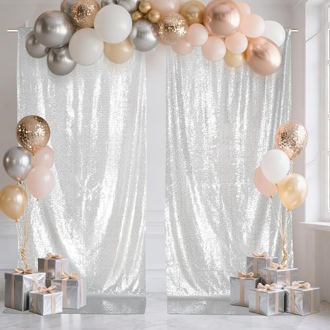 SquarePie 2 PCS 4x10ft Silver Sequin Backdrop for Photography, Extra Long Satin-Backed Real Sequin Curtain, High-Density Shimmering Background with 4" Rod Pocket for Wedding Ceremony, 2 Panels